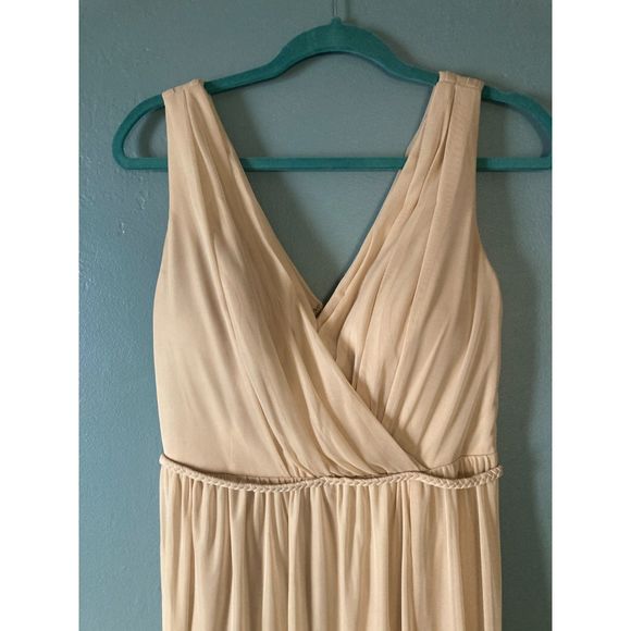 Azazie v-neck beige sleeveless gown with 24" left leg slit size A12 - Picture 2 of 5